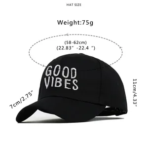 Casquette de baseball en coton noir avec broderie GOOD VIBES et bord réglable de 58-62cm
