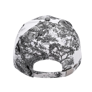 Artistic Toile de Jouy baseball cap with tree branch pattern and adjustable silver metal buckle
