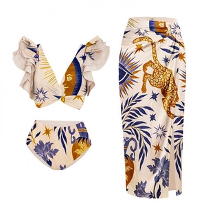 Three-piece ethnic print swimsuit with V-neck top, high waist bikini and sarong skirt