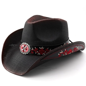 Retro black woven straw cowboy hat with red floral embroidery and ethnic buckle