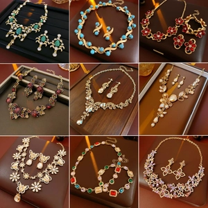 Vintage Necklace And Earrings For Women Alloy Resin Rhinestone Floral Butterfly Design With 925 Sterling Silver Earring Post