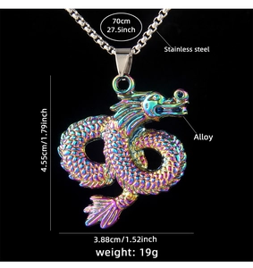 Rainbow dragon pendant necklace dimensions and material specs on black background