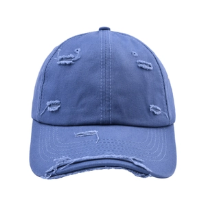 Close-up of blue distressed baseball cap featuring vintage ripped details and washed cotton