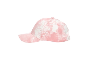 Detail of pink and white tie-dye cotton baseball cap with curved brim and premium stitching