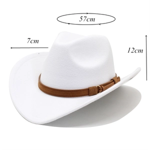 White wool felt cowboy hat detail showing dimensions and brown leather decorative band