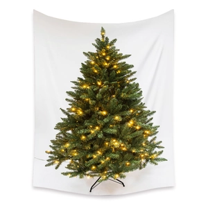 Detailed view of artificial Christmas tree with warm yellow LED lights on white fabric