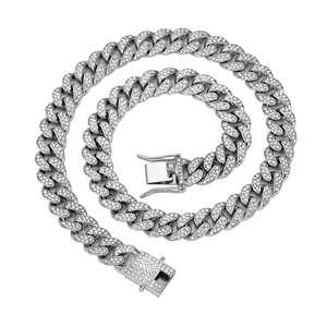 Classic 13mm silver Cuban link necklace with sparkling crystals and box clasp