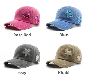 Four colors of washed cotton baseball caps with distressed edges and glitter star patches