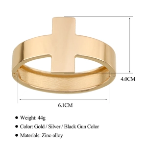 Minimalist gold zinc alloy cross open cuff bracelet with 44g polished metallic finish
