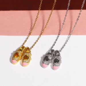 Pink ballet shoe necklace with sparkling rhinestones in gold and silver finish