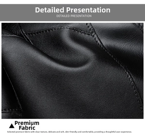 Macro shot of high-quality black pebble grain leather with durable double-stitch details