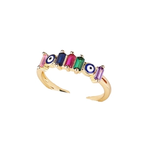 Gold-plated Evil Eye ring with colorful rectangular zircons in pink, blue, red, green and purple