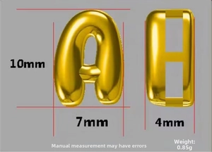 Detailed size specifications for 18K gold letter A pendant with precise measurements