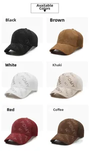 Detail view of FDMY baseball caps with mesh back in six colors and monogram pattern