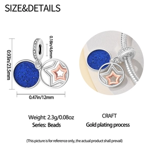 Detailed view of silver astronaut charm with blue enamel and rose gold plated star