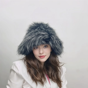 Close-up of deep gray faux fur hat showing fluffy texture and premium long plush fiber