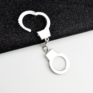 Miniature polished silver metal handcuff keychain for couples with double rings