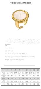 Size chart for 18k gold plated S925 silver oval ring showing diameter and circumference
