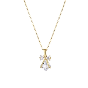 Elegant gold bow necklace with sparkling zircon crystal pendant for women