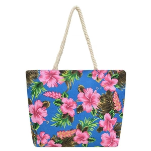 Ethnic style floral canvas tote bag with tropical hibiscus print and rope handles