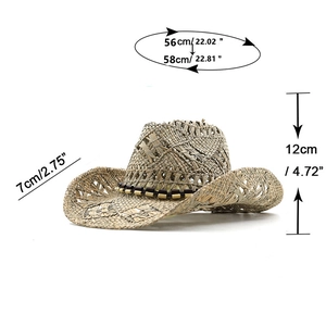 Handwoven straw cowboy hat with beaded band and size details: 7cm brim, 12cm height