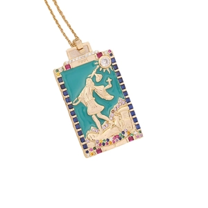 Golden tarot Fool card necklace with green enamel, relief figure and multicolor zircons