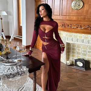 Sexy Maxi Kleid Mit Langen Ärmeln Und Ausschnitt Damen Rippstrick Hoher Schlitz Strass Detail Bodycon Partykleid