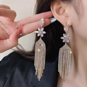 Elegant long tassel flower drop earrings with sparkling rhinestones and silver needle pins