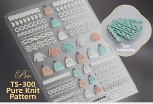 Macro shot of 5D embossed knit sweater texture nail stickers TS-300 in pastel colors