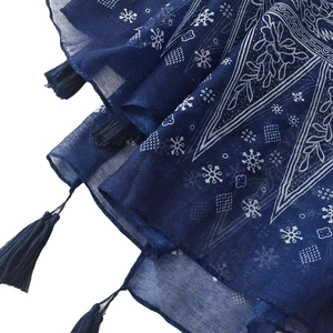 Classic blue porcelain floral print cotton linen scarf with elegant fringe tassels