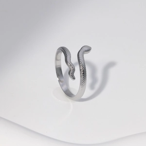 Macro detail of silver snake ring featuring realistic scale texture and adjustable open band
