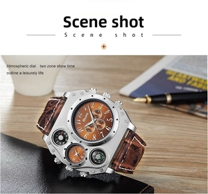 Detail of Oulm multi-timezone watch with brown leather strap beside professional gear