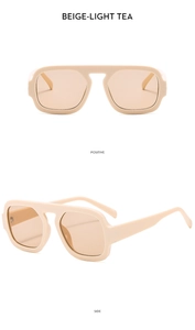 Front and side view of beige rectangular oversized sunglasses with light tea lenses