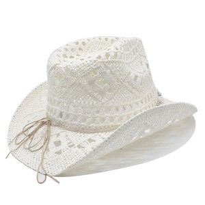 Detail of white hollow crochet straw cowboy hat with decorative brown cord and bead trim