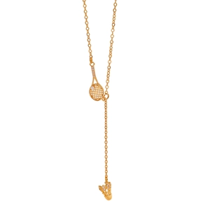 Golden badminton racket necklace with tassel and pearl detail for women on white background