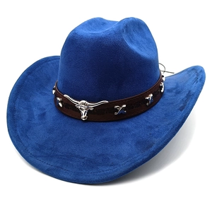 Close-up of blue suede cowboy hat featuring a leather band with silver bull head ornament