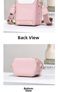 Detailed back and bottom view of the pink crossbody bag with gold hexagonal studs