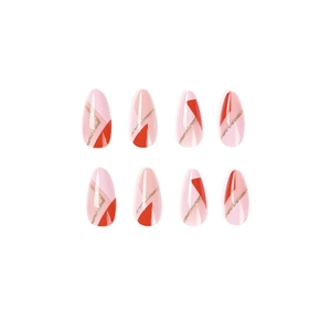 Pink and red geometric almond press-on nails with diagonal gold glitter line accents