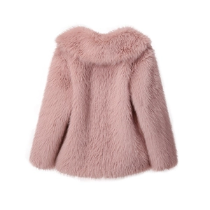 Back view detail of fluffy pink faux fur coat showing soft plush texture and long hair