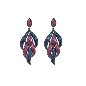 Luxurious leaf-shaped drop earrings with magenta and blue cubic zirconia in black gold finish