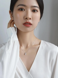 Close-up of a minimalist 1-carat moissanite pendant on a model's collarbone