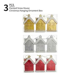 Painted Snow House Christmas Tree Hanging Ornaments Plastic Glitter Decorative Holiday Charms Festive Home Decor