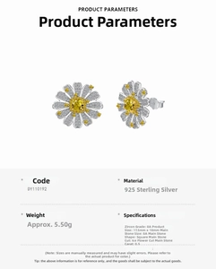 Macro view of 925 sterling silver daisy earrings with square yellow ice-cut zircon