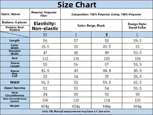 Detailed size chart for loose fit buttoned jacket with fabric and measurement specs