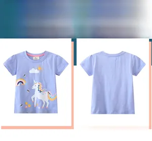 Front and back view of girls light purple cotton T-shirt with unicorn and rainbow print