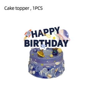Starry universe cake topper featuring rockets and planets for birthday party decoration