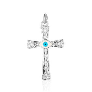 Silver cross pendant with sparkling zircons and a blue evil eye symbol on white backdrop