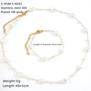 Detailed specs for 18k gold plated necklace and bracelet set with white pearls
