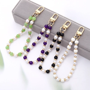 Beaded Phone Strap Natural Stone Imitation Artificial Pearl Alloy Clasp Lanyard Pendant Bag Charm Keychain For Women Girls Accessory