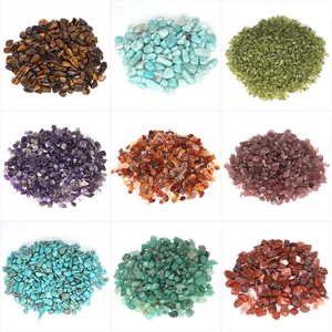 Nine-grid layout showing assorted natural tumbled crystal stones on white background